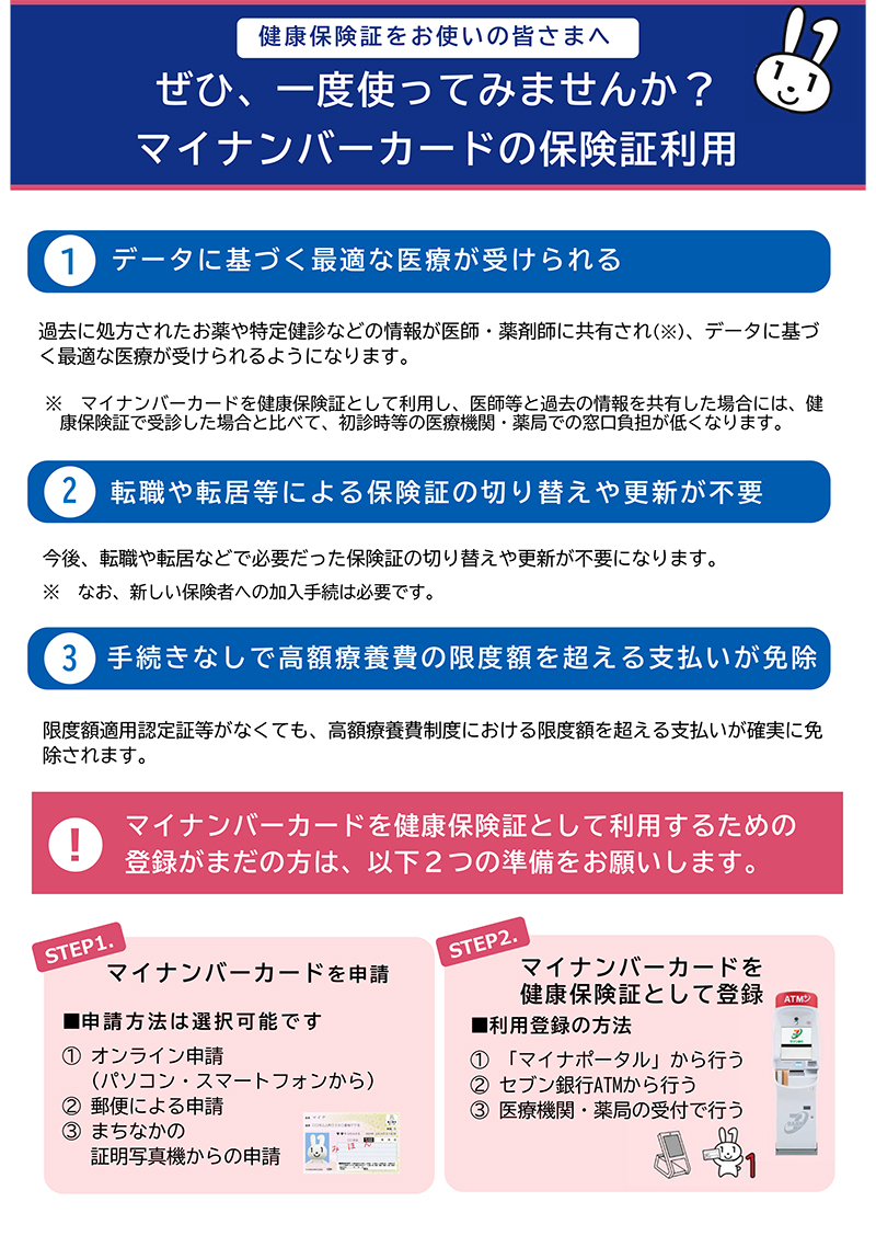 マイナ健康保険証をお使いの皆さまへ　ぜひ、一度使ってみませんか？マイナンバーカードの保険証利用チラシ